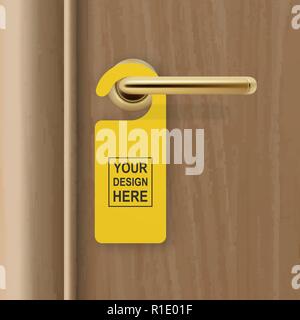 Vector realistic paper yellow door hanger on brown realistic wooden door with metal gold handle background. Door hanger mockup. Design template for graphics. Full length door is in a clipping mask Stock Vector