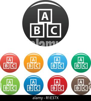 Education abc blocks icons set. Vector simple set of education abc blocks vector icons in different colors isolated on white Stock Vector