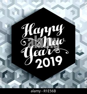 Happy New Year 2019 lettering label on luxury silver abstract texture background. Stock Vector