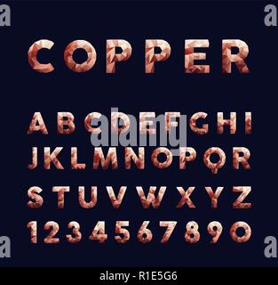 Copper elegant low poly luxury alphabet font typeface with numbers isolated on black background. Stock Vector