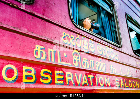The car for the first class of the Express Train in Sri Lanka can be recognized by the inscription Observation Saloon
