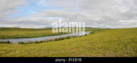 Panorama of the river in the natural Park on Taimyr. Summer landscape in the polar Urals. Stock Photo