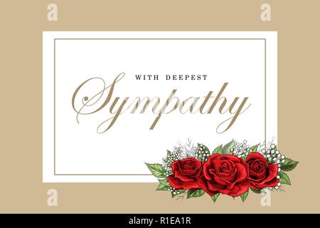 Condolences sympathy card floral red roses bouquet and lettering Stock Vector