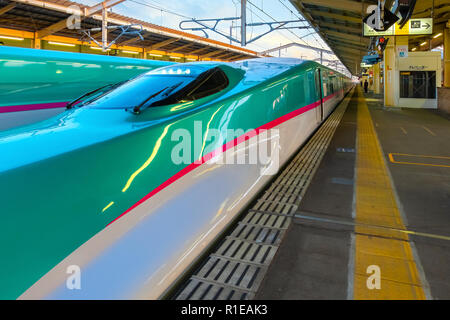 Sendai, Japan - April 21 2018: The Hayabusa is a high-speed Shinkansen service operated by JR East Company use 10-car E5 series sets, which initially  Stock Photo