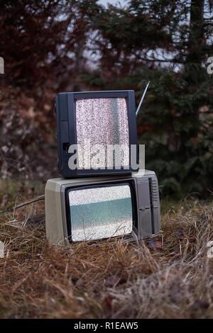 TV no signal in grass Stock Photo