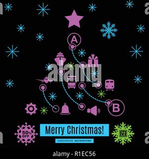 Christmas logistics card. Neon Schematic christmas tree on black background. Pink blue green flat icons. Stock Vector