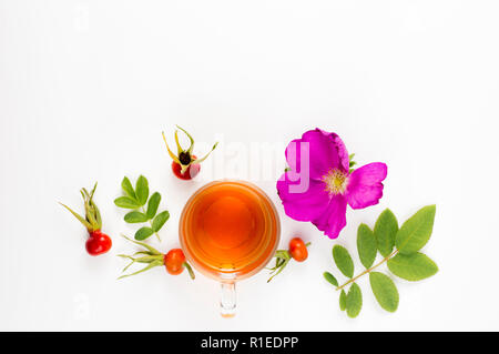 Flat lay view of the rose hip or rosehip, also called rose haw and rose hep tea in clear glass cup, raw berries, blossom and leaves for decoration on Stock Photo