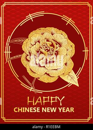 Chinese new year gift card with golden peony form camellia flower on the dragon scale background vector illustration Stock Vector