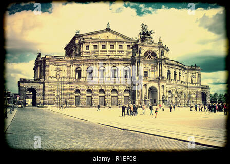 Dresden, Germany. May 13, 2014: Dresden State Opera, Semper Opera House on a sunny day with clouds in the sky. The Opera House in Dresden. Stock Photo