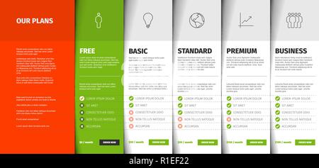 Price comparison table for five products / services with description and icons - white version Stock Vector