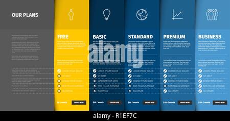 Price comparison table for five products / services with description and icons - blue and yellow version Stock Vector