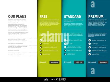 Product / service price comparison cards with description and icons Stock Vector