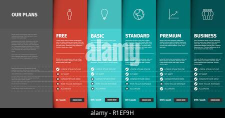 Price comparison table for five products / services with description and icons Stock Vector