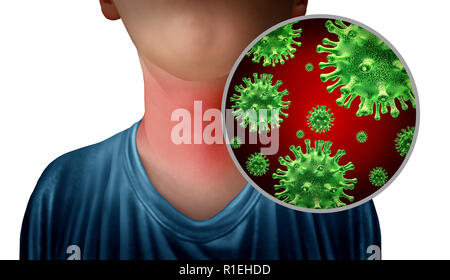 Sore throat infection as a neck with microscopic germ anatomy close up as a symbol for flu or influenza sickness with 3D illustrations. Stock Photo