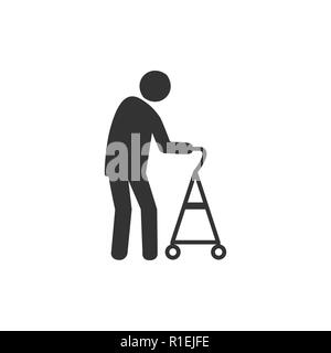 Old man, walker icon. Vector illustration flat Stock Vector