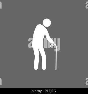 Standing old man silhouette with a walking stick, restroom sign. Black on white background. Flat design. Stock Vector