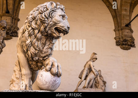 Lion of Loggia dei Lanzi in Piazza della Signoria in Florence. Stock Photo