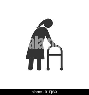 Old woman, walker icon. Vector illustration flat Stock Vector