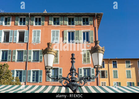 typical facades at flower market, Vielle Ville, old city center of Nice, French riviera Stock Photo