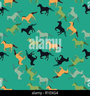 Seamless vector pattern with running horses on green background Stock Vector