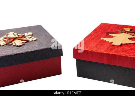 Gift boxes of blue and red on an isolated white background Stock Photo