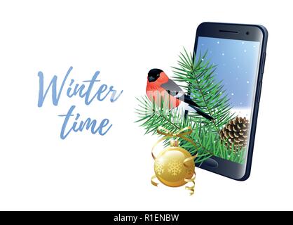 Winter Time concept with smartphone, bullfinch, pine cone, pine branches and Christmas ball. Vector illustration. Stock Vector