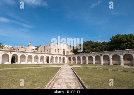 View of the arches in the cloister at Certosa di San Giacomo, also known as the Charterhouse of St. Giacomo or the Carthusian Monastery, Capri, Italy Stock Photo