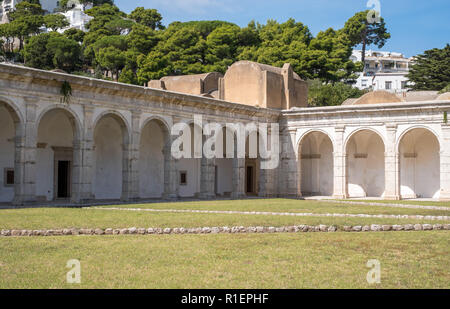 View of the arches in the cloister at Certosa di San Giacomo, also known as the Charterhouse of St. Giacomo or the Carthusian Monastery, Capri, Italy Stock Photo