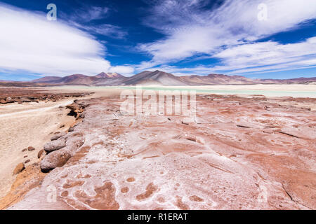 The amazing 'Salar de Piedras Rojas' (Red Stones Saltlake) inside Atacama Desert at Chile in the Andes, an amazing and colorful landscape in Chile Stock Photo