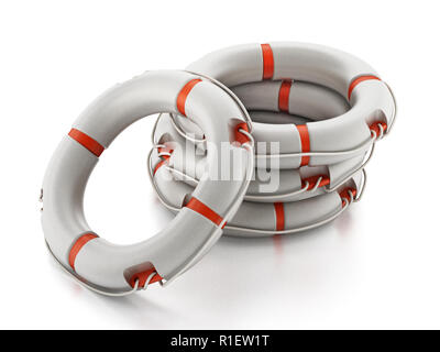 Stack of life buoys isolated on white background. 3D illustration. Stock Photo