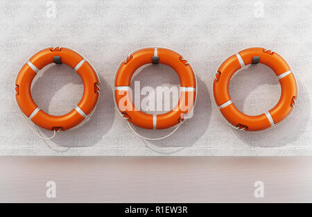 Life buoys hanging on the wall. 3D illustration. Stock Photo