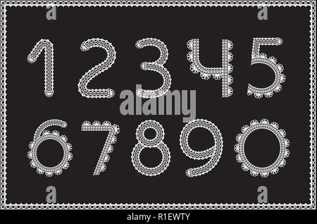 Crochet numbers set. Handicraft signs, white yarn on black Stock Vector