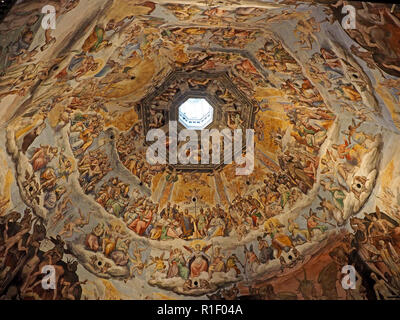 fresco artwork The Last Judgement by Giorgio Vasari inside Brunelleschi's Dome on Cathedral of Santa Maria del Fiore or il Duomo Florence,Italy Stock Photo