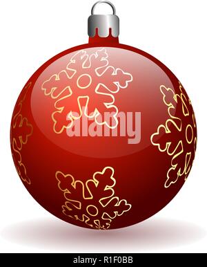 Red Christmas Ball with golden snowflake. Isolated on a white background with a shadow. Three-dimensional ball. Stock Vector