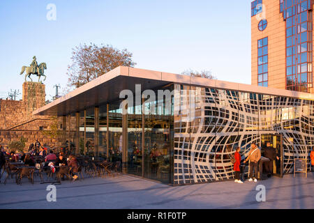 the restaurant Grissini in front of the hotel Hyatt Regency on the banks of the river Rhine in the district Deutz, equestrian statue at the Hohenzolle Stock Photo