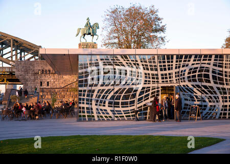 the restaurant Grissini in front of the hotel Hyatt Regency on the banks of the river Rhine in the district Deutz, equestrian statue at the Hohenzolle Stock Photo