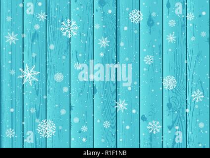 snowfall and blue wood background Stock Vector