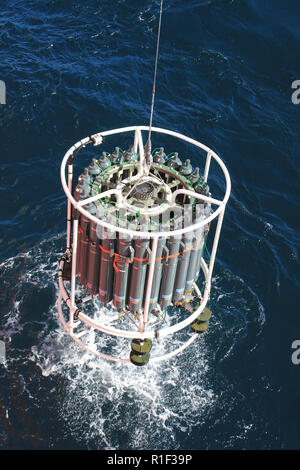 CTD Rosette being winched from Baffin Sea, Canada during Expedition by ATLAS and ArcticNet Scientists on board the CCGS Amundsen Stock Photo