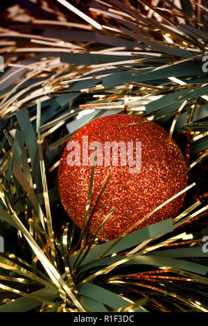 Christmas background with ribbons and colored ball. Stock Photo