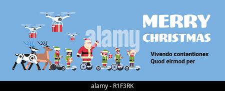 santa claus elf ride electric scooter drone present delivery service robotic deer artificial intelligence christmas holiday new year concept flat horizontal copy space Stock Vector