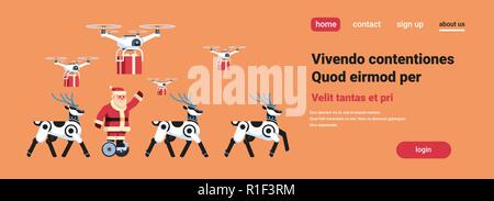 santa claus ride electric scooter drone present delivery service robotic deer artificial intelligence christmas holiday new year concept flat horizontal copy space Stock Vector