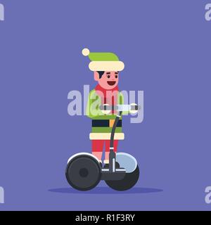 elf boy santa claus helper ride electric scooter merry christmas holiday new year concept flat Stock Vector