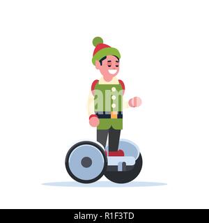 elf boy santa claus helper ride electric scooter merry christmas holiday new year concept flat Stock Vector