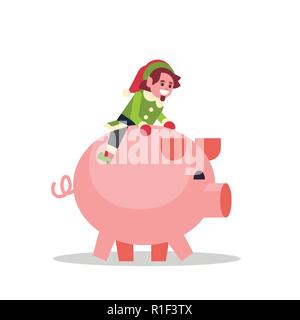 elf boy sitting on pig merry christmas holiday new year concept flat isolated Stock Vector