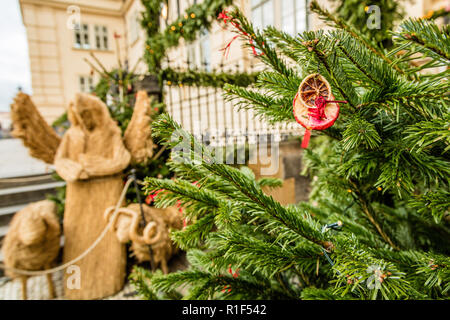 Street Christmas Nativity scene made of straw, Prague, Czech Republic Stock Photo