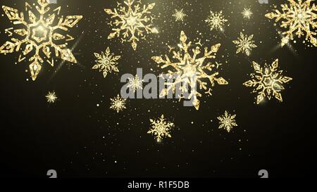 Golden snowflakes isolated on dark background. New Year and Christmas magic decoration wallpaper. Holiday banner or poster background. Vector illustra Stock Vector
