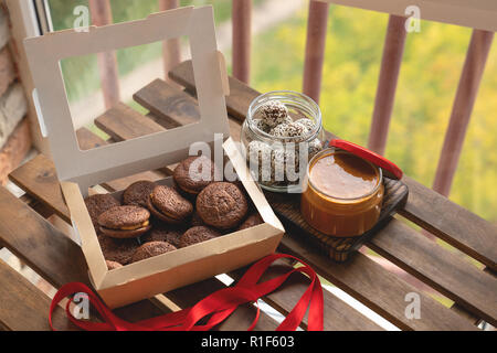 Set of homemade chocolate cookies with peanut butter. Stock Photo
