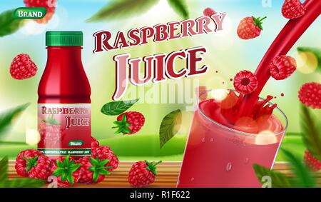 Raspberry juice bottle with splash on wooden table. fruit juice container package ad. 3d realistic summer ripe raspberry Vector illustration for your Stock Vector