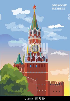 Cityscape of Kremlin Spasskaya tower (Red Square, Moscow, Russia) colorful isolated vector hand drawing illustration. Stock Vector