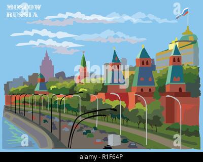 Cityscape of embankment of Kremlin towers( International Landmark Red Square, Moscow, Russia). Colorful vector illustration. Stock Vector